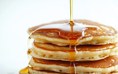 Floating stack of fluffy buttermilk pancakes with syrup drizzle, isolated on a white background