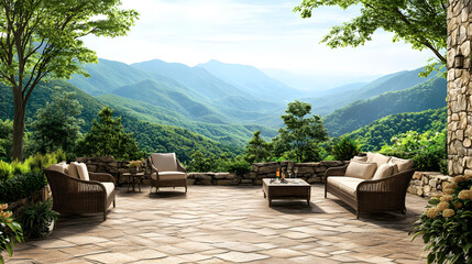 A stone terrace with outdoor furniture overlooking the mountains

