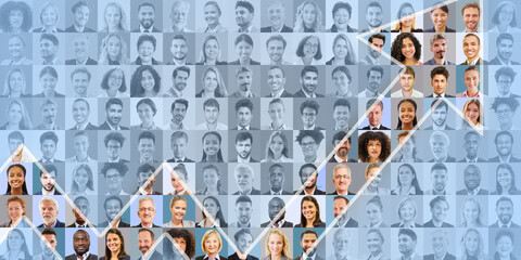Pfeil vor Mitarbeiter Portraits als Unternehmenswachstum Konzept