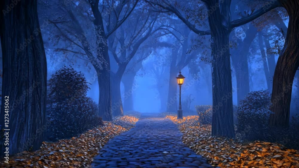 Poster serene pathway illuminated by lanterns in a tranquil forest during twilight hours