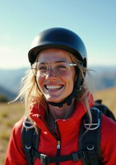 Fototapeta premium Smiling woman in helmet enjoying outdoor adventure in the mountains