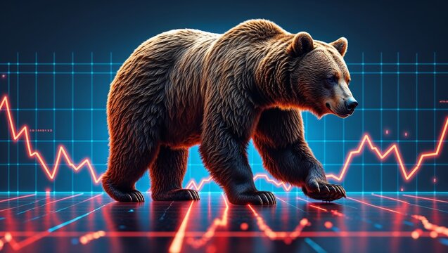 A bear walks across a digital graph with red lines, symbolizing a bearish market trend in finance. 