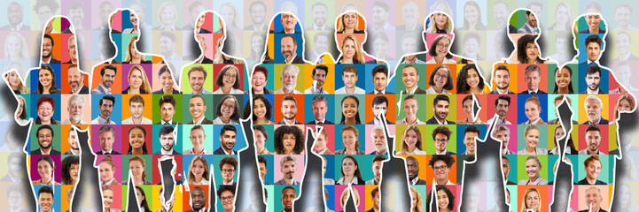 Panorama aus Silhouetten von Gesch&auml;ftsleuten vor bunten Business Portraits
