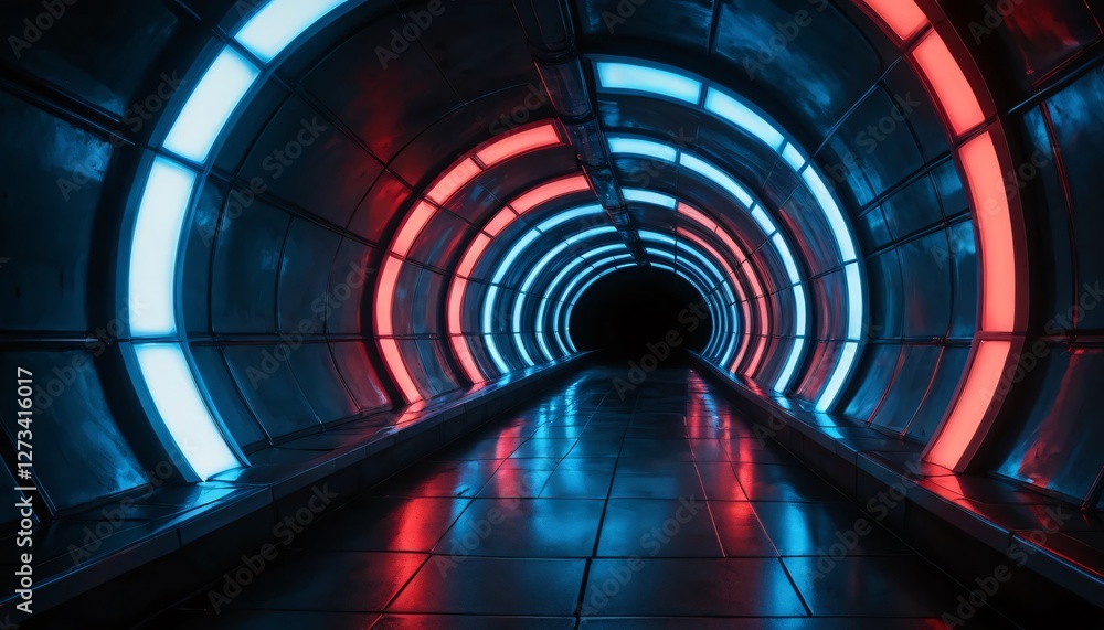 Aufkleber futuristic tunnel vision. neon lights illuminate a sleek path. circular patterns dance in blue and r