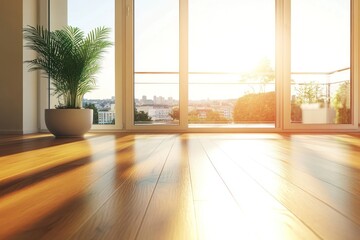 Fototapeta premium Sunlight streams through balcony doors into modern apartment