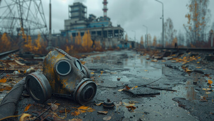 Aftermath of the nuclear disaster at the Chernobyl Nuclear Power Plant. A gas mask lies on the ground in the radioactive zone. The destroyed Nuclear Power Plant is in the background