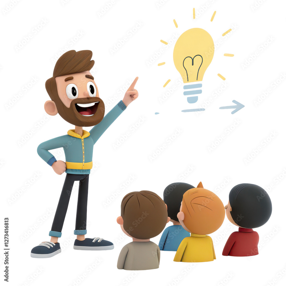 Poster 3d of enthusiastic man gesturing excitedly while presenting a groundbreaking idea to an engaged audi