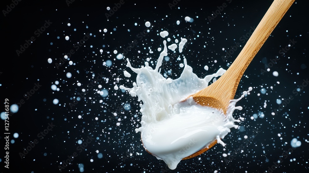 Poster this captivating image portrays milk splashing from a wooden spoon, showcasing a delightful contrast