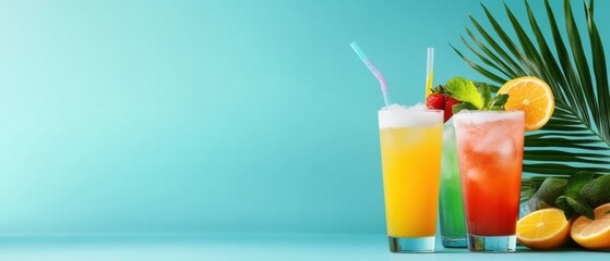 Fototapeta premium Refreshing Tropical Drinks with Straws and Palm Leaves on Blue Background