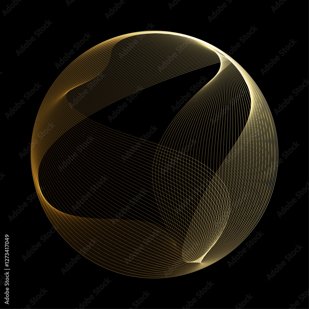 Aufkleber Abstract vector round shape of wavy lines flowing smooth curve gold gradient light on black background in concept of luxury, technology, science, music, modern.