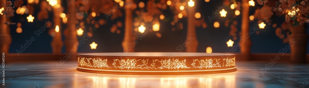 Poster circular product display platform with golden lights and decorations