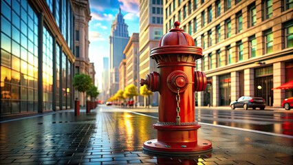 Realistic 3D-rendered red fire hydrant stands amidst a detailed cityscape backdrop.