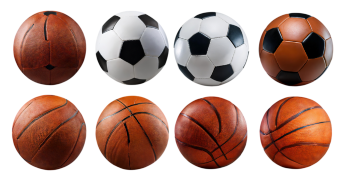 Variety of Sports Balls Including Basketball, Soccer, and Football, isolated on transparent background