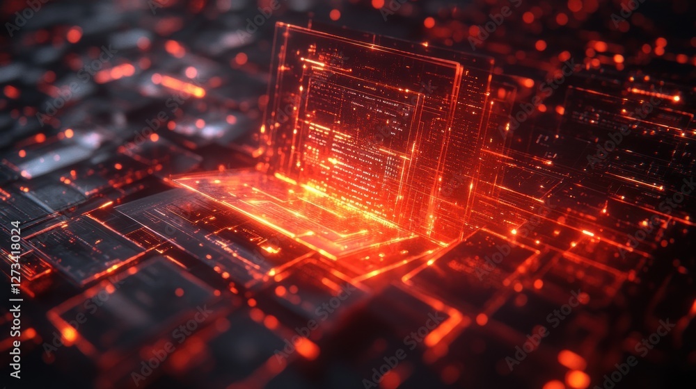 Poster futuristic laptop coding, circuit background, data stream
