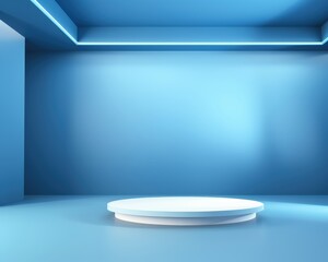 Product display Round white platform in empty blue room with light for studio background