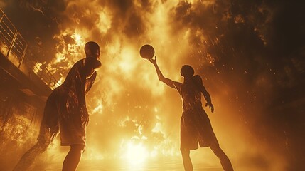 Silhouetted Basketball Players in Fiery Rain Dramatic Sports Scene