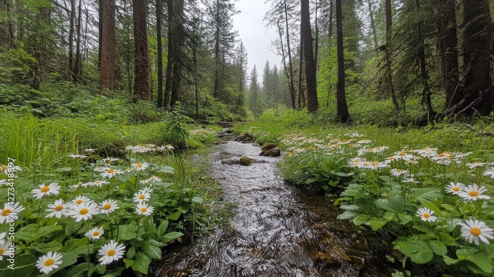 Poster tranquil stream flows through a vibrant forest with daisies
