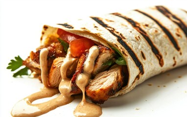Levitating chicken shawarma wrap with tahini sauce dripping, isolated on a white background