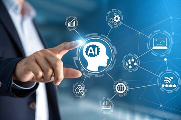 Futuristic AI Interface with Human Hand and Digital Network