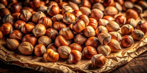 Rustic brown paper cradles shelled hazelnuts, bathed in long-exposure light.