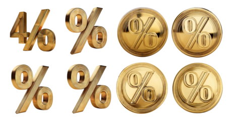 Golden Percentage Symbols and Numbers for Financial Concepts, isolated on transparent background