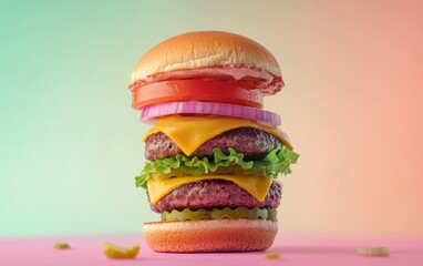 Levitating gourmet cheeseburger with layers of toppings, isolated on a pastel background
