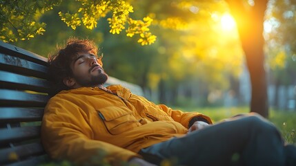 Man Relaxing on Park Bench Enjoying Sunshine and Green Nature