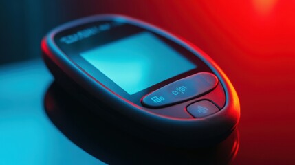 A glucose testing meter with a visible blood sugar reading. Featuring diabetes care and self-monitoring
