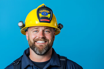 Fototapeta premium Closeup portrait of fireman in uniform smiling