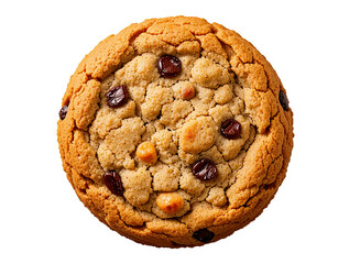 Crispy golden chocolate chip cookie with crunchy texture and baked perfection, close-up macro shot of a delicious sweet treat