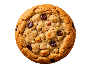 Crispy golden chocolate chip cookie with crunchy texture and baked perfection, close-up macro shot of a delicious sweet treat