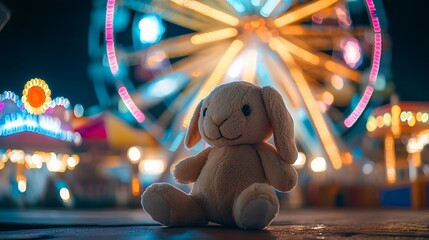 Stuffed bunny under umbrella in front of glowing ferris wheel nighttime fair