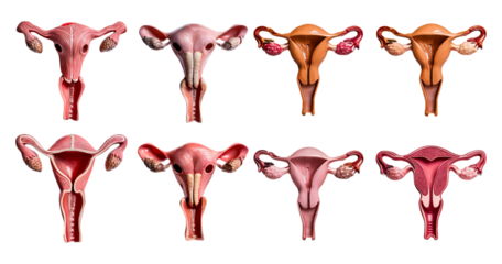 Detailed Anatomical Illustrations of Female Reproductive Organs, isolated on transparent background