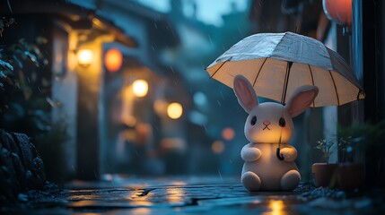 Stuffed bunny under umbrella with lantern light quiet village street at night