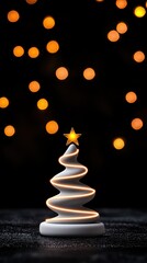 Obraz premium A decorative Christmas tree with a glowing star, illuminated by soft bokeh lights, creating a festive atmosphere.