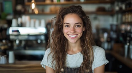 A happy barista with a beautiful smile stands confidently in a warm coffee shop environment, making connections that convey passion for coffee and customer satisfaction.