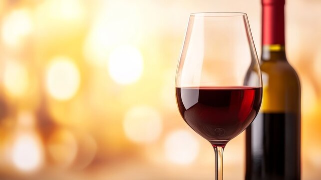 Elegant wine glass filled with red wine beside a bottle, set against a warm, blurred background