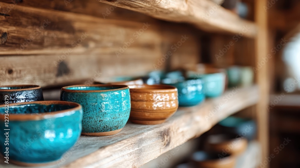 Poster a diverse array of artistic bowls displayed on a wooden shelf, emphasizing their unique glazes and t