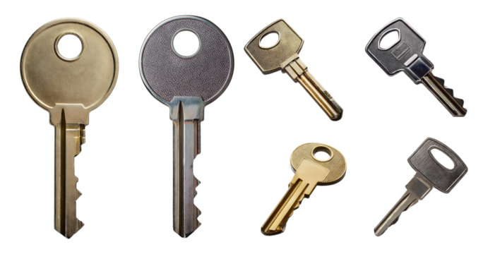 Different Types of Keys on a White Background for Security Use, isolated on transparent background