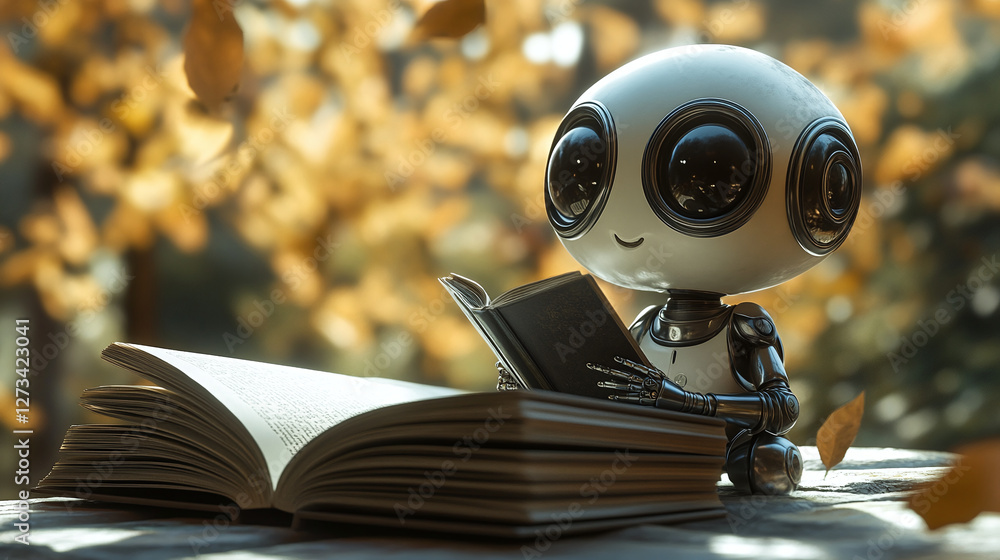 Poster a small robot sits at a table and reads an open book. the robot has a metal body. there are books an