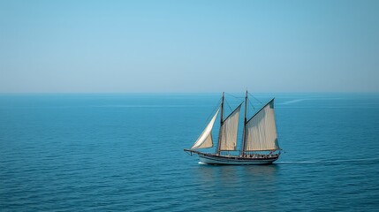 Sailing boat cruising calm ocean under a clear blue sky, perfect for travel promotion