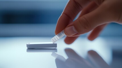 A hand adjusting a glucose meter with a test strip inserted. Featuring health awareness and diabetes care
