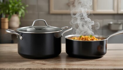 A steaming cooking pot filled with colorful vegetables, creating a fresh and inviting kitchen scene, perfect for culinary blogs and healthy cooking content.