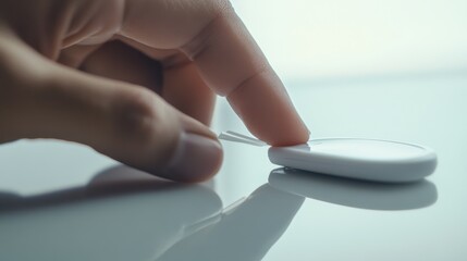 A hand adjusting a glucose meter with a test strip inserted. Featuring health awareness and diabetes care