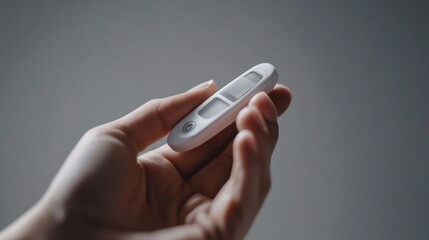 A hand adjusting the settings on a glucose meter. Featuring diabetes care and health awareness