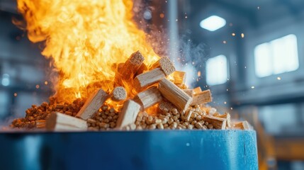 This dynamic scene captures vibrant flames surging from a pile of wood logs, illustrating the essence of fire's power and warmth in an engaging visual display.