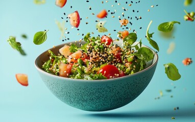 Midair bowl of vibrant poke salad with sesame dressing, isolated on a pastel background