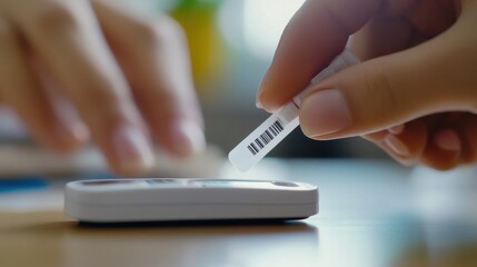 Fototapeta premium A hand applying a blood sample to a glucose test strip inserted into a meter. Featuring health management and diabetes care