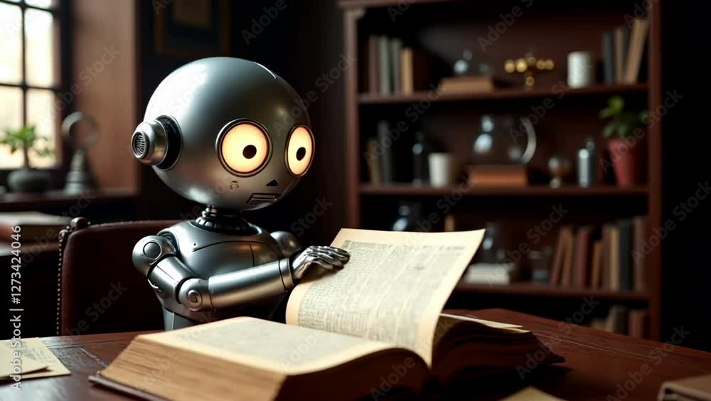 Poster a small robot sits at a table and reads an open book. the robot has a metal body. there are books an