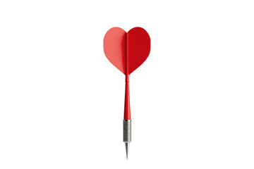 Heart-shaped dart with red flights and silver shaft ready for throwing in a game